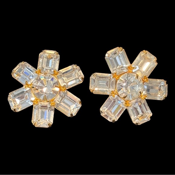 Trifari vintage crystal large snowflake earrings gold tone - Picture 1 of 7